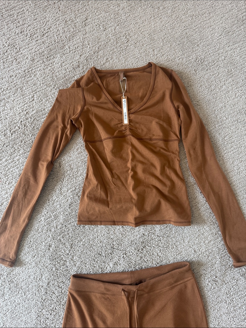 SKIMS Long-Sleeve V-Neck Seam-Detail Top - Brown